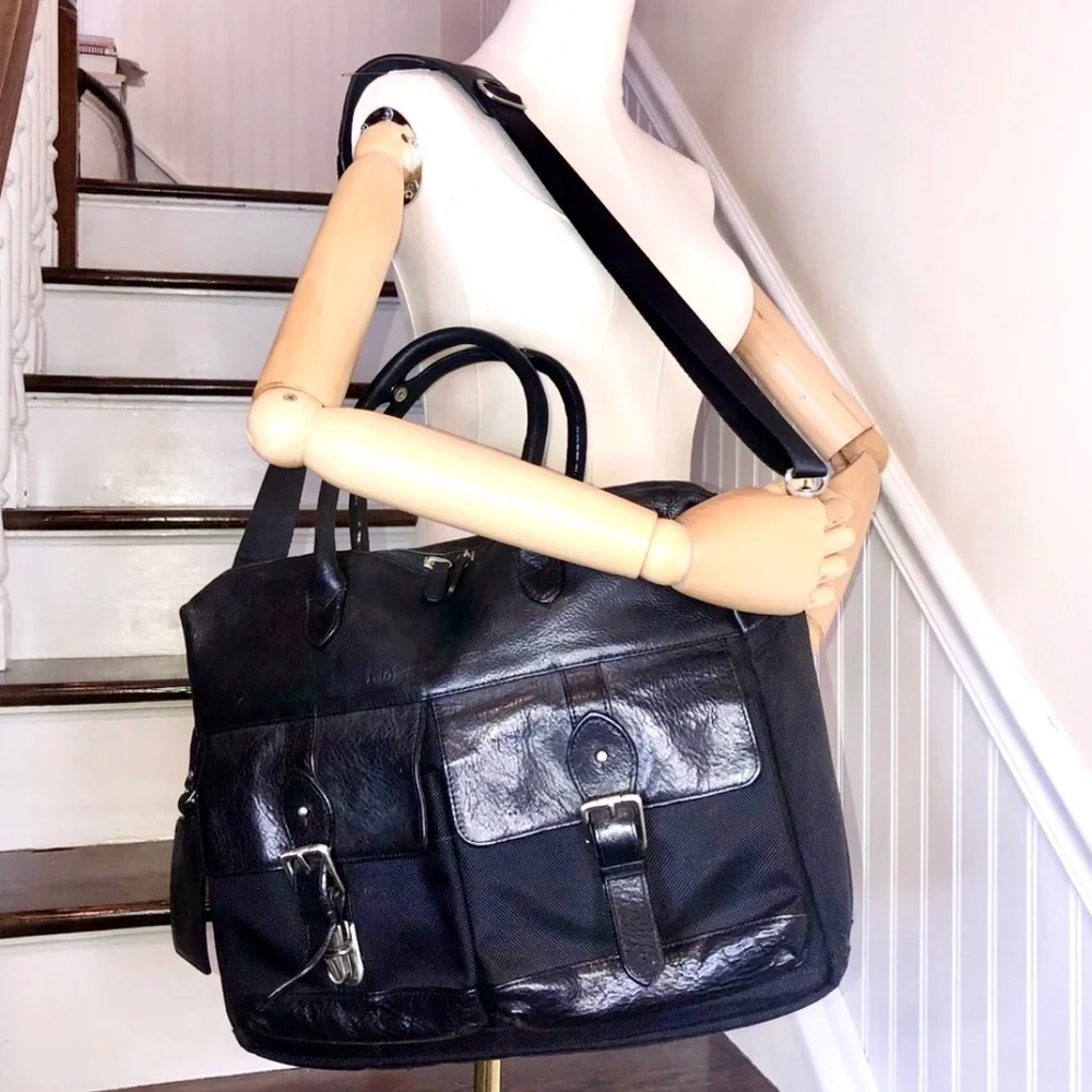 RALPH LAUREN Black Leather and Canvas Laptop Messenger Shoulder Work Bag VTG